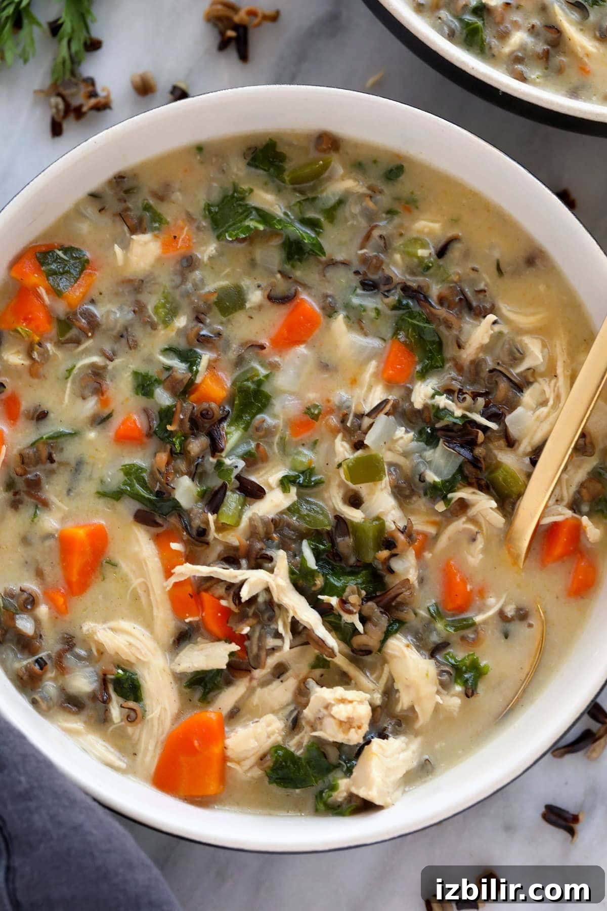 Chicken wild rice soup ready to eat Chicken wild rice soup in a bowl ready to be enjoyed.