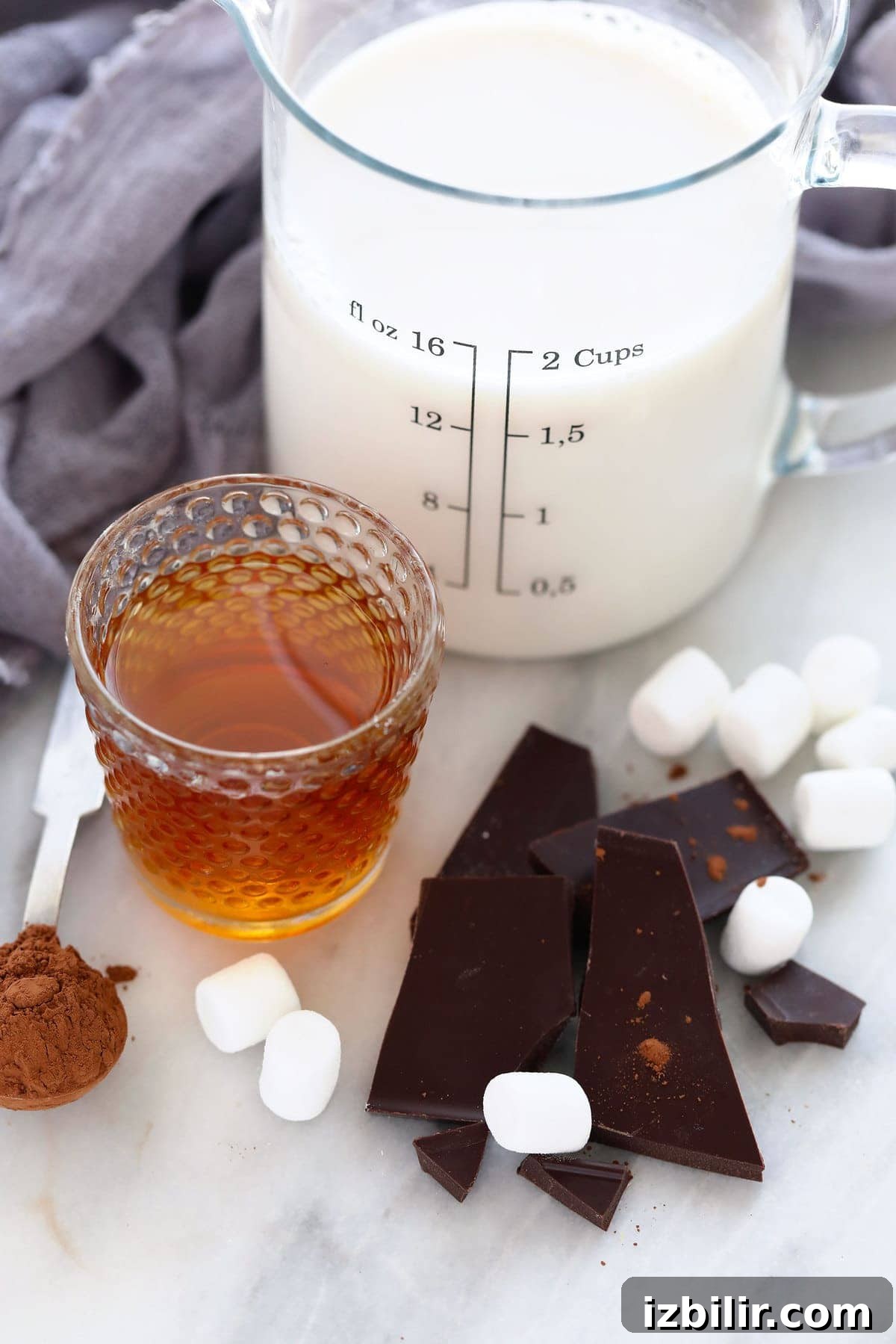 Spiked hot chocolate ingredients ready to be mixed