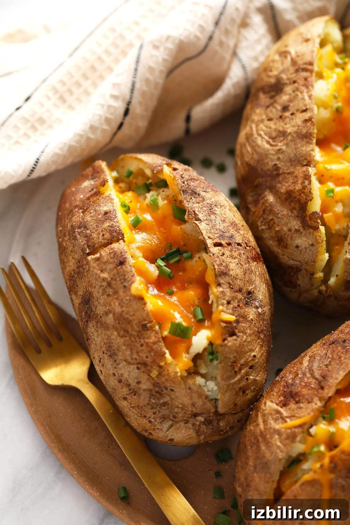Sliced baked potato with butter melting into the center.