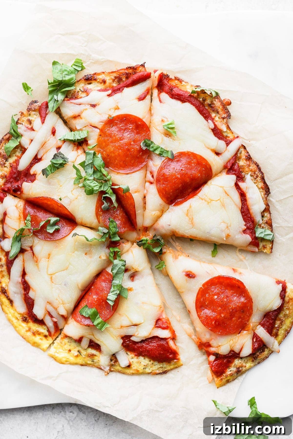 Gluten-Free Cauliflower Pizza Crust Recipe 2 Cauliflower pizza crust topped with cheese, pepperoni, and fresh basil.