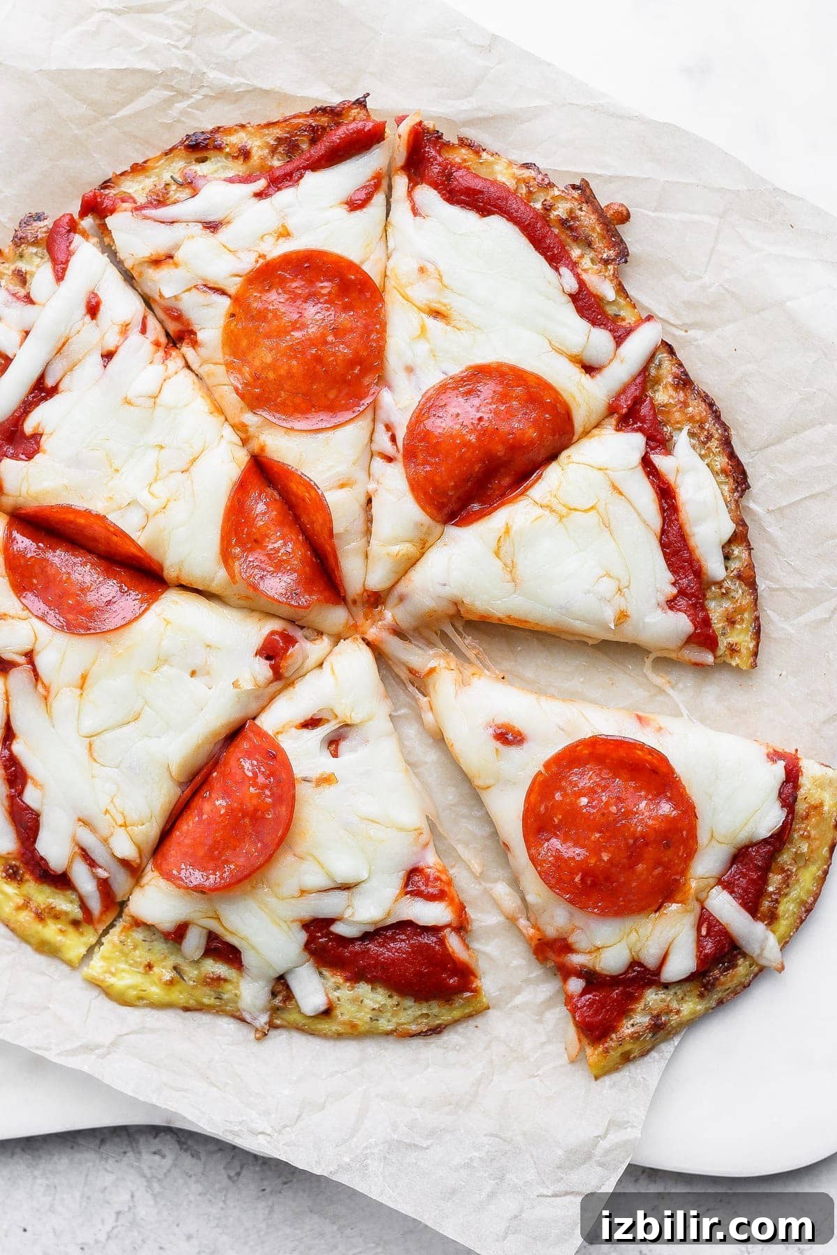 Gluten-Free Cauliflower Pizza Crust Recipe 10 Cauliflower pizza with cheese and pepperoni on top.