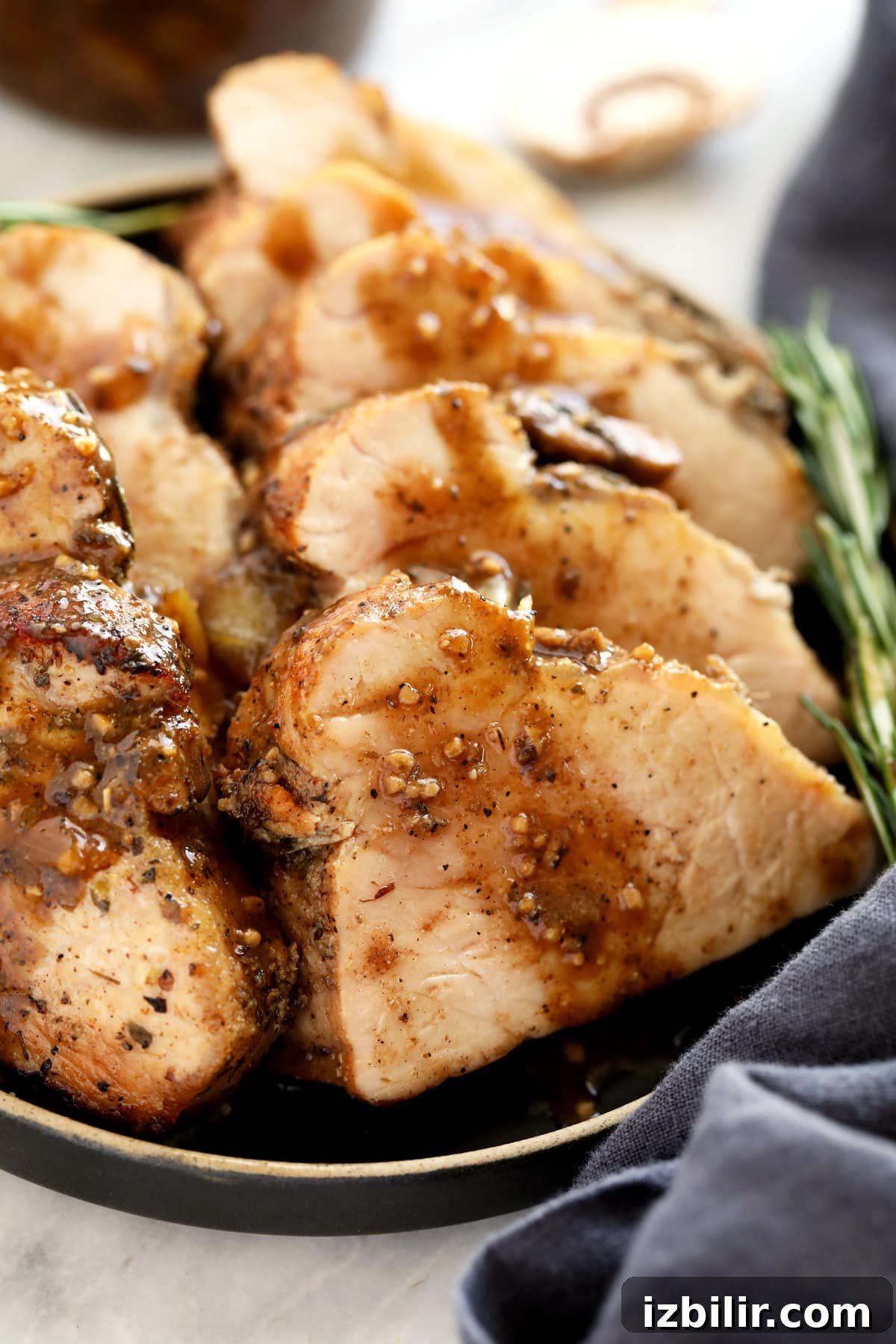 Sliced pork tenderloin ready to serve sliced pork tenderloin on plate.