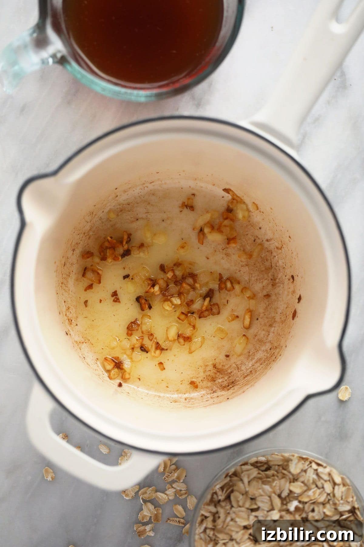 Savory Oatmeal Recipe for a Hearty Breakfast 4 Minced garlic in a small pot.