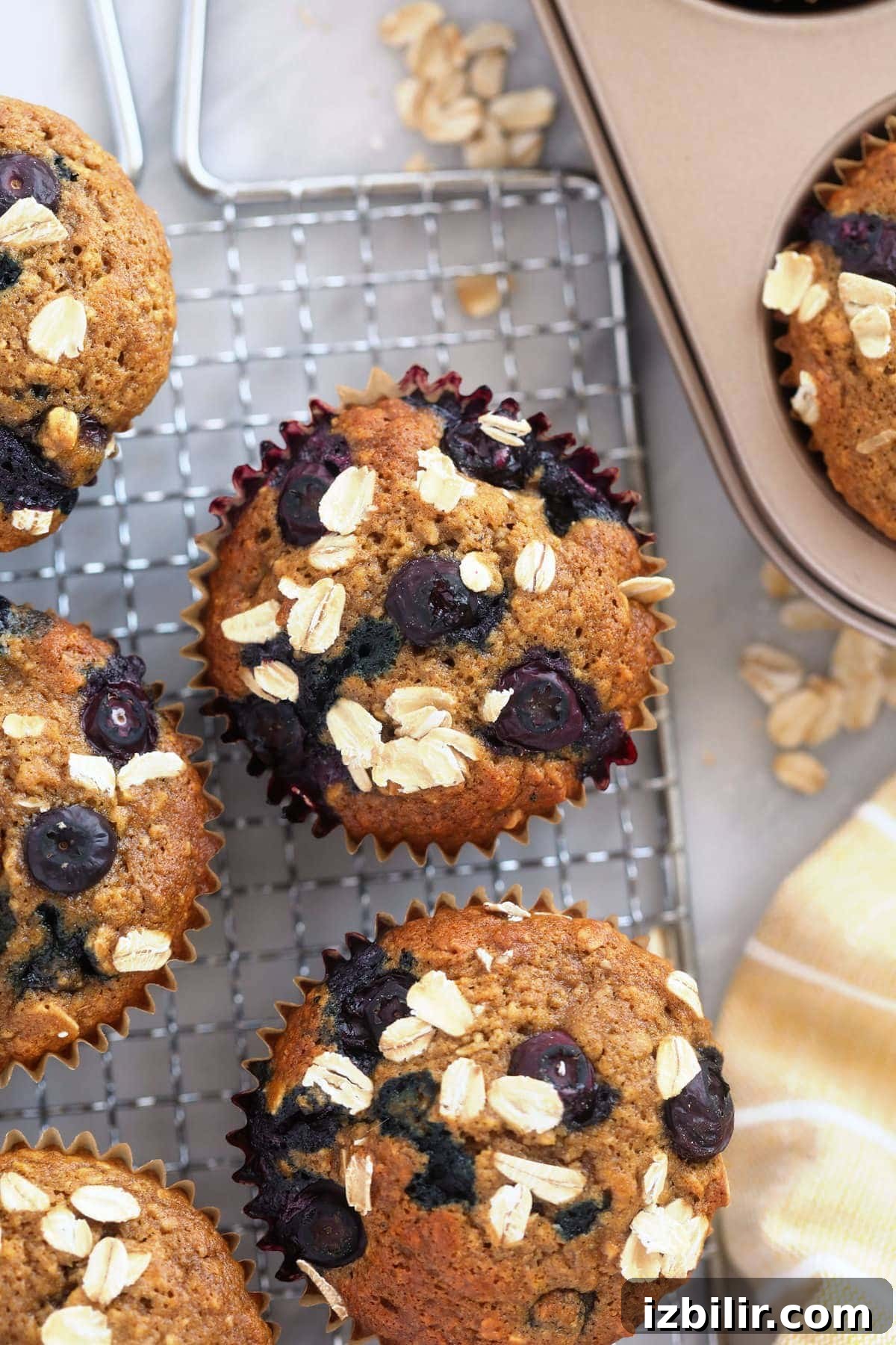 blueberry oatmeal muffins topped with rolled oats