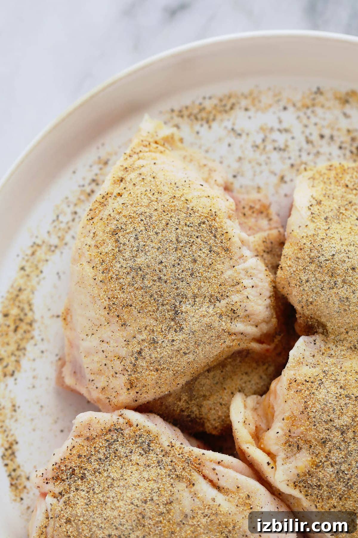 Crispy Oven-Baked Chicken Thighs with Garlic and Herbs 4 Raw chicken thighs with seasonings.