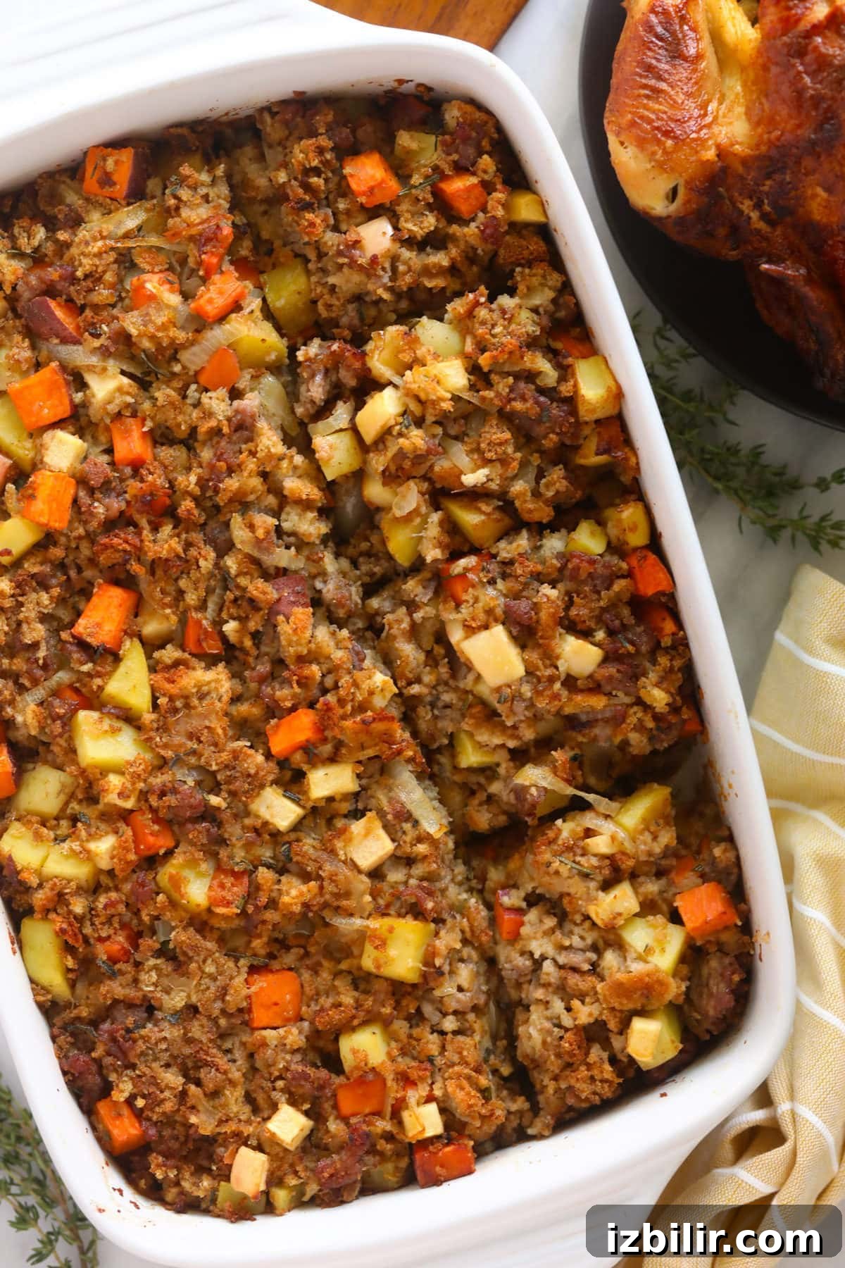 Sticky Honey Pork Recipe and 20 Pork Variations 6 sausage stuffing in casserole dish