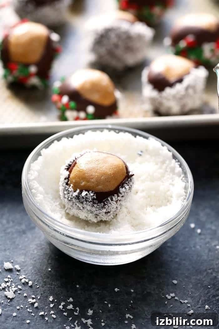No-Bake Chocolate Peanut Butter Protein Buckeyes Recipe 4 A bowl of healthy chocolate peanut butter truffles on a baking sheet.
