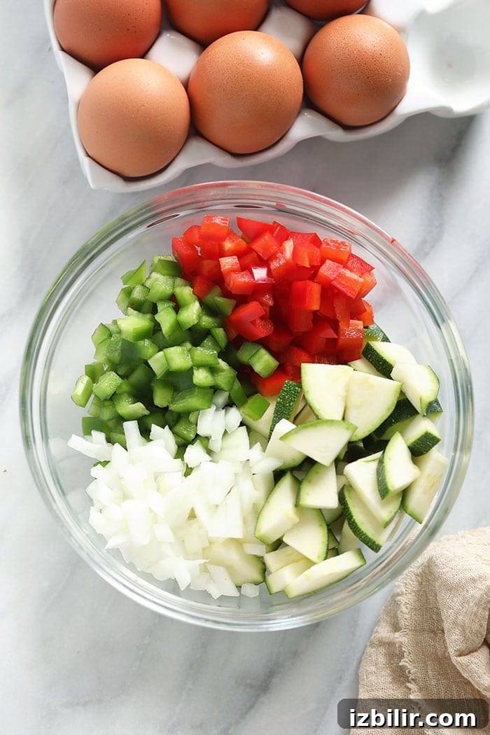 How to Make a Fluffy Frittata 3 Diced vegetables in a bowl.