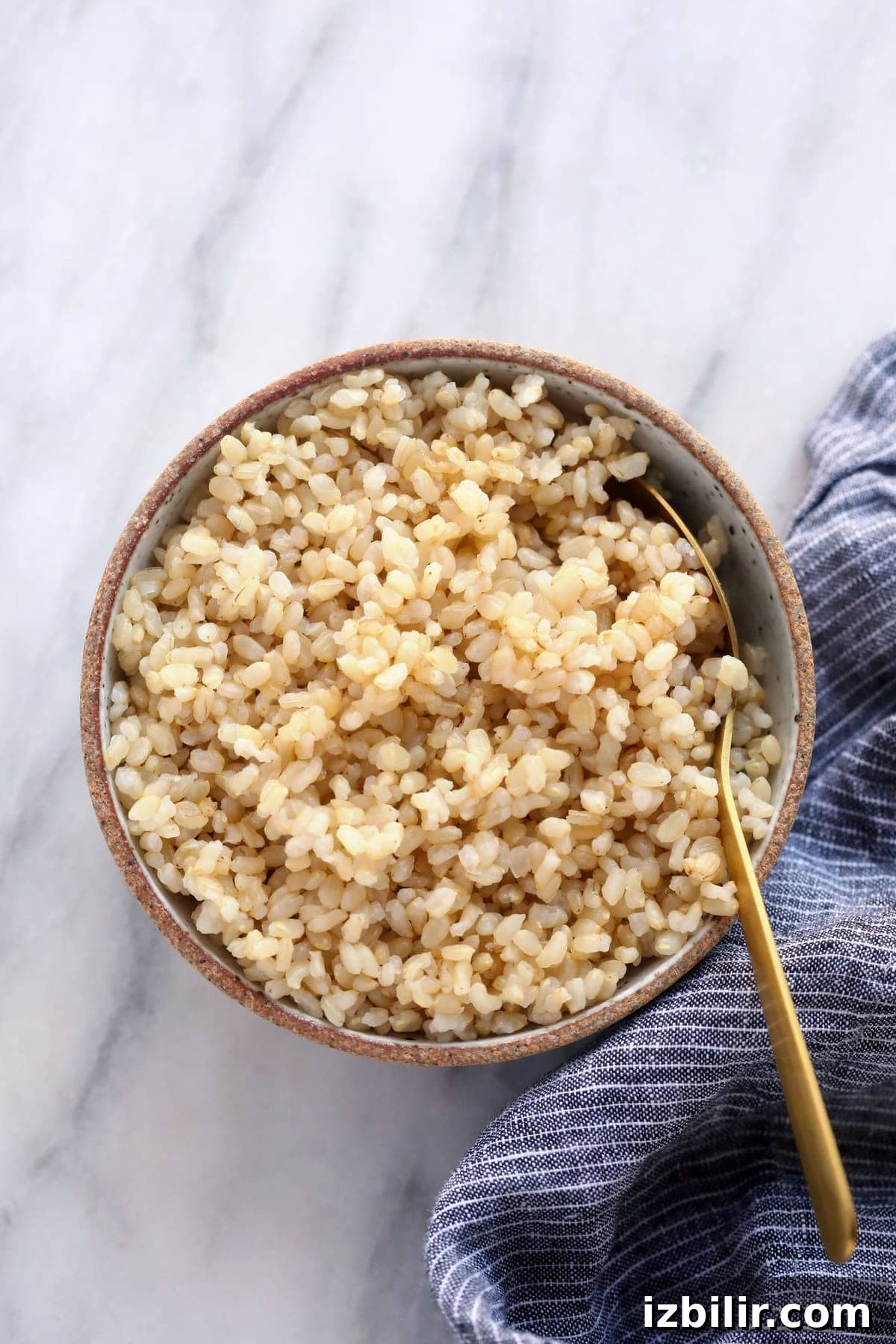 Perfect Instant Pot Brown Rice Every Time 3 Cooked short grain brown rice in a bowl.