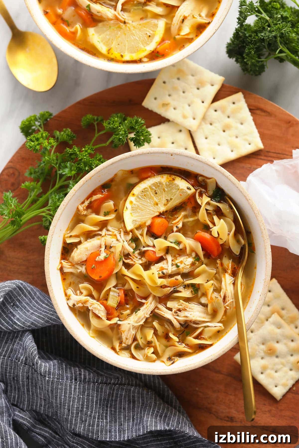 chicken noodle soup in bowl with spoon and crackers