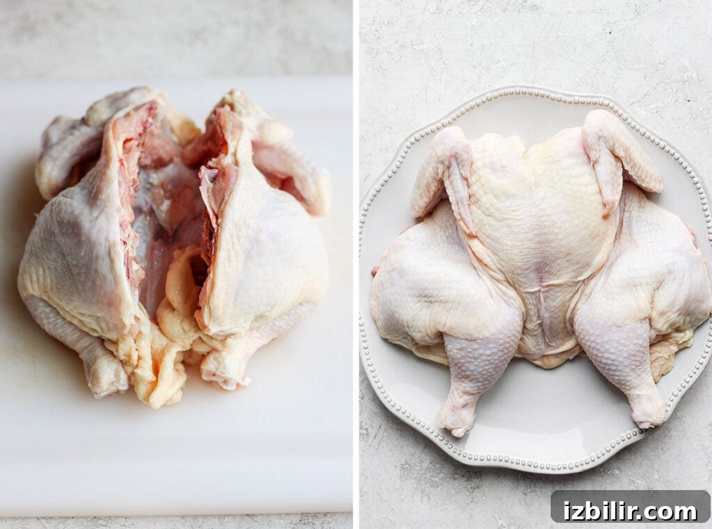 Two pictures of a spatchcock chicken on a cutting board.