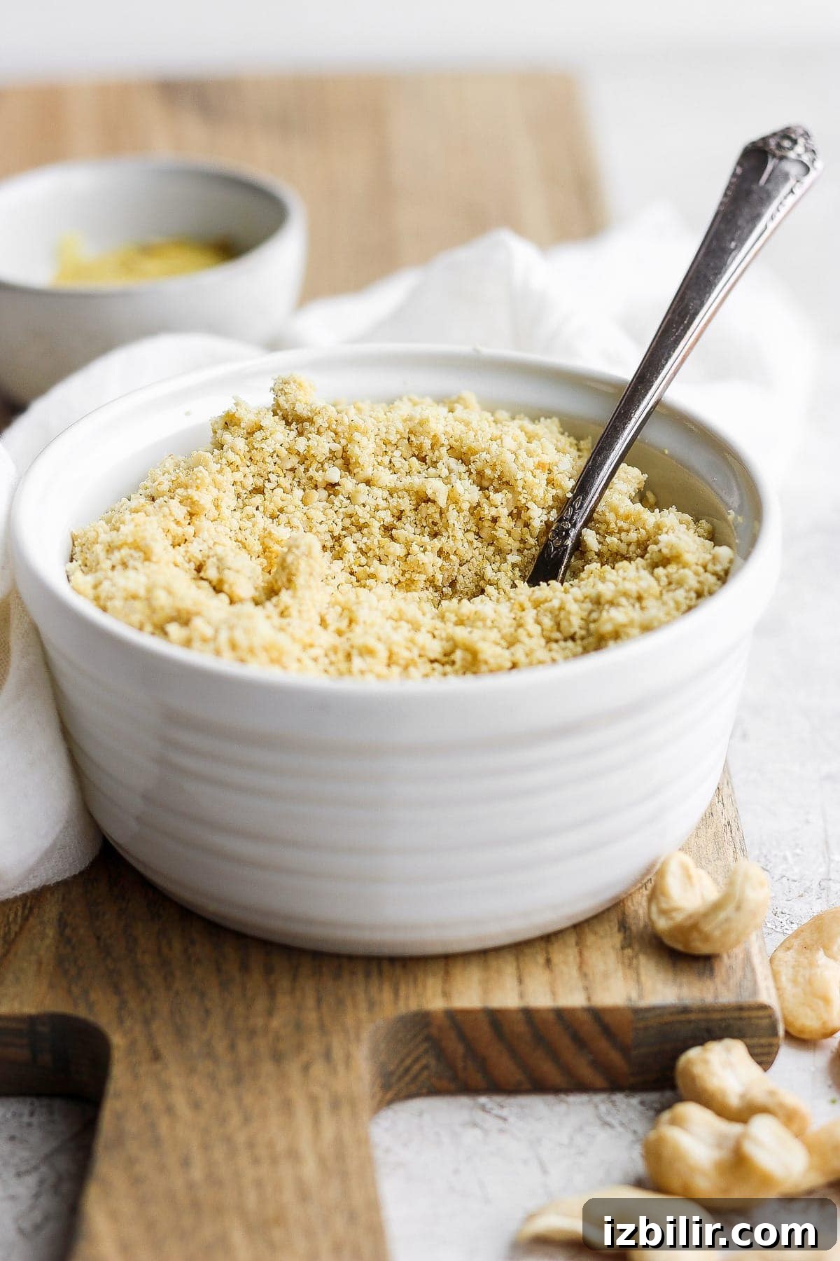 Vegan Parmesan Cheese Ready to Use vegan parmesan cheese in a bowl with a spoon
