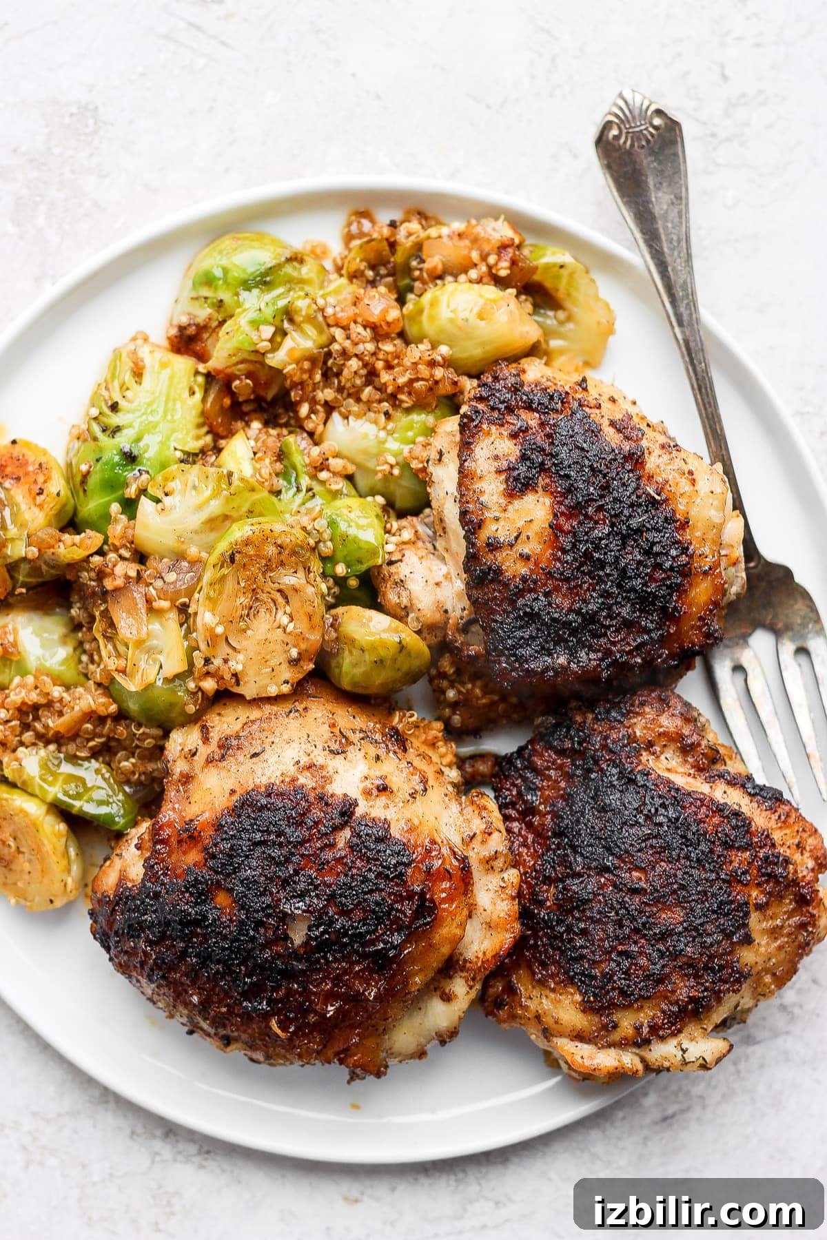 Dutch Oven Chicken Thighs with Crispy Brussels Sprouts 7 chicken thighs, Brussels sprouts, and quinoa on plate