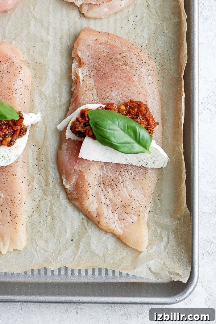 chicken breast with mozzarella cheese and basil on it