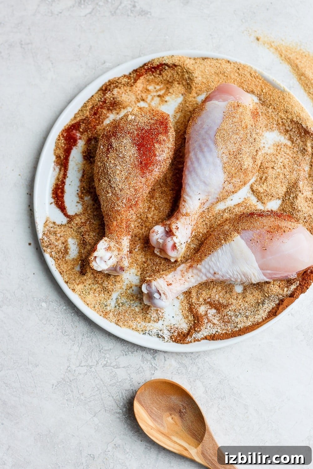 Chicken legs coated in dry rub ready to cook chicken legs rolled in dry rub on a plate