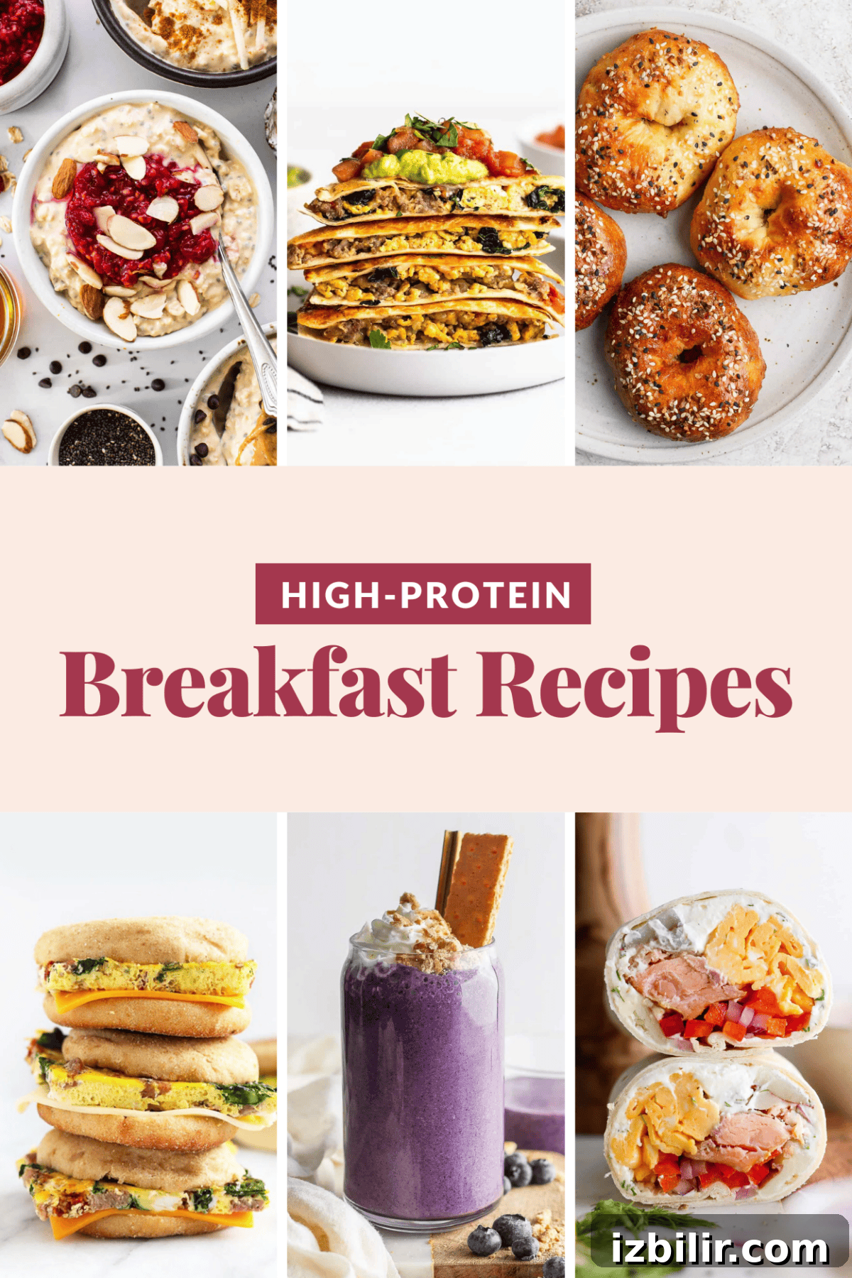 Protein-Packed Breakfast Ideas for Busy Mornings 2 A collage of high-protein breakfast recipes, featuring protein-packed oatmeal, pancakes, bagels, sandwiches, smoothies, and wraps.