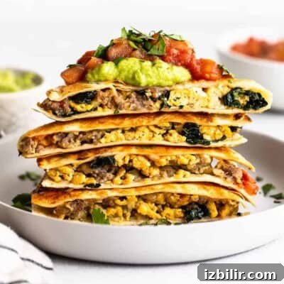 Breakfast quesadillas on a plate.