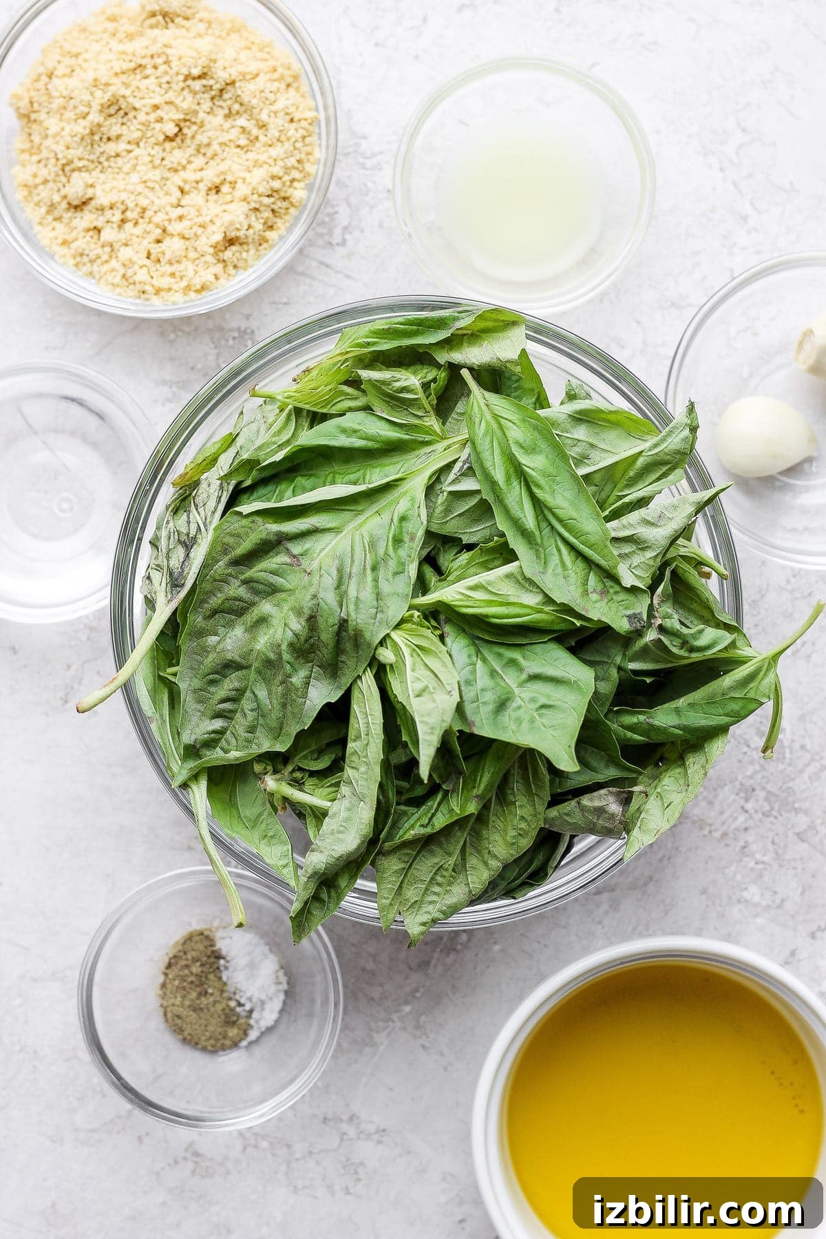Vegan pesto is light, fresh, and 100% plant-based. It comes together with fresh basil, lemon, olive oil, garlic, and vegan parmesan cheese! fresh basil, garlic, lemon, parmesan cheese, and olive oil