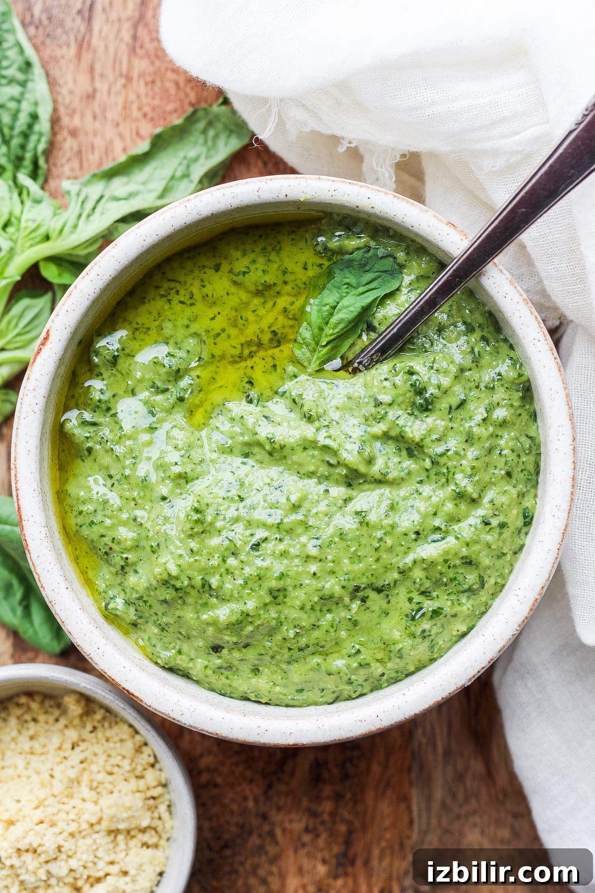Make this simple vegan pesto recipe with fresh basil, olive oil, lemon juice, and a homemade vegan parmesan cheese. pesto in bowl