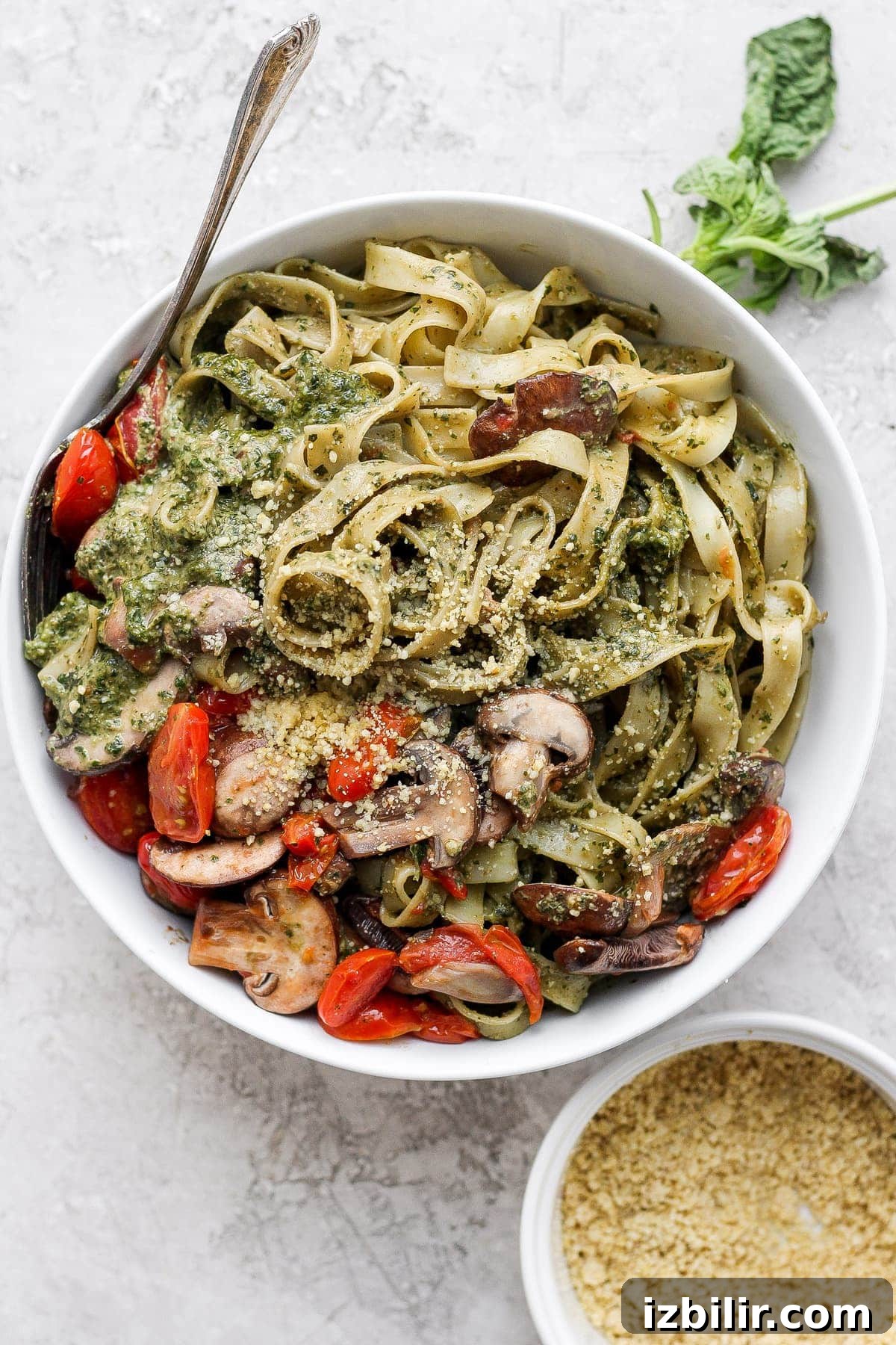 pesto pasta in a bowl.