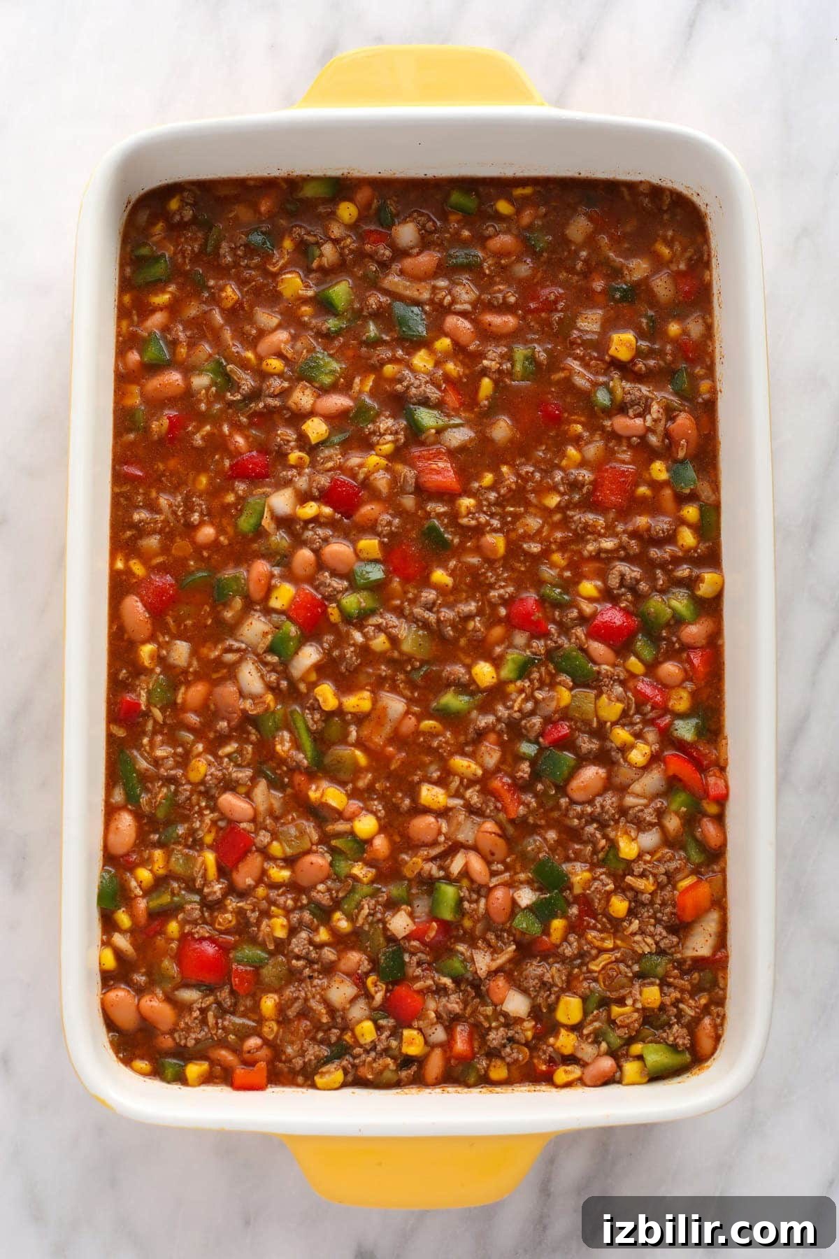 All the ingredients for this Mexican casserole mixed together.