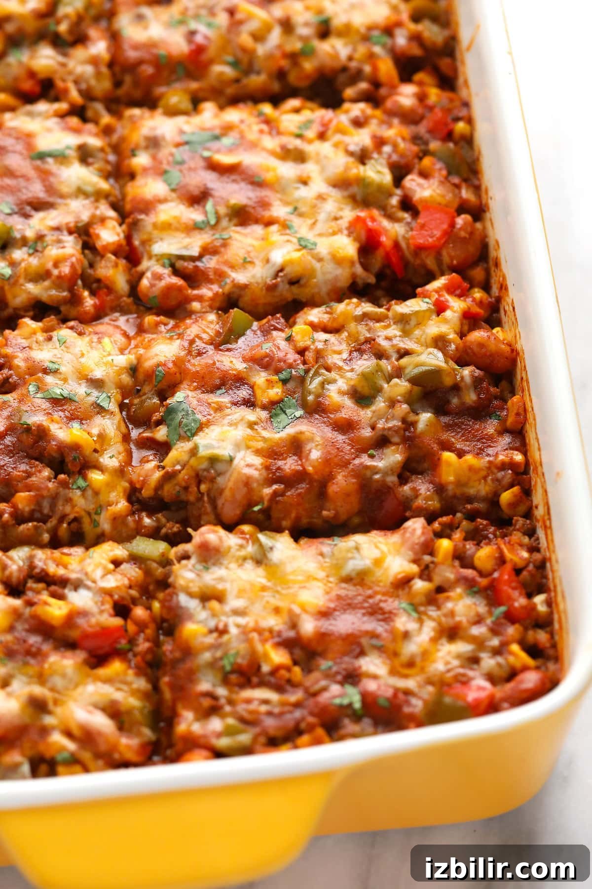 Baked Mexican casserole sliced into pieces.
