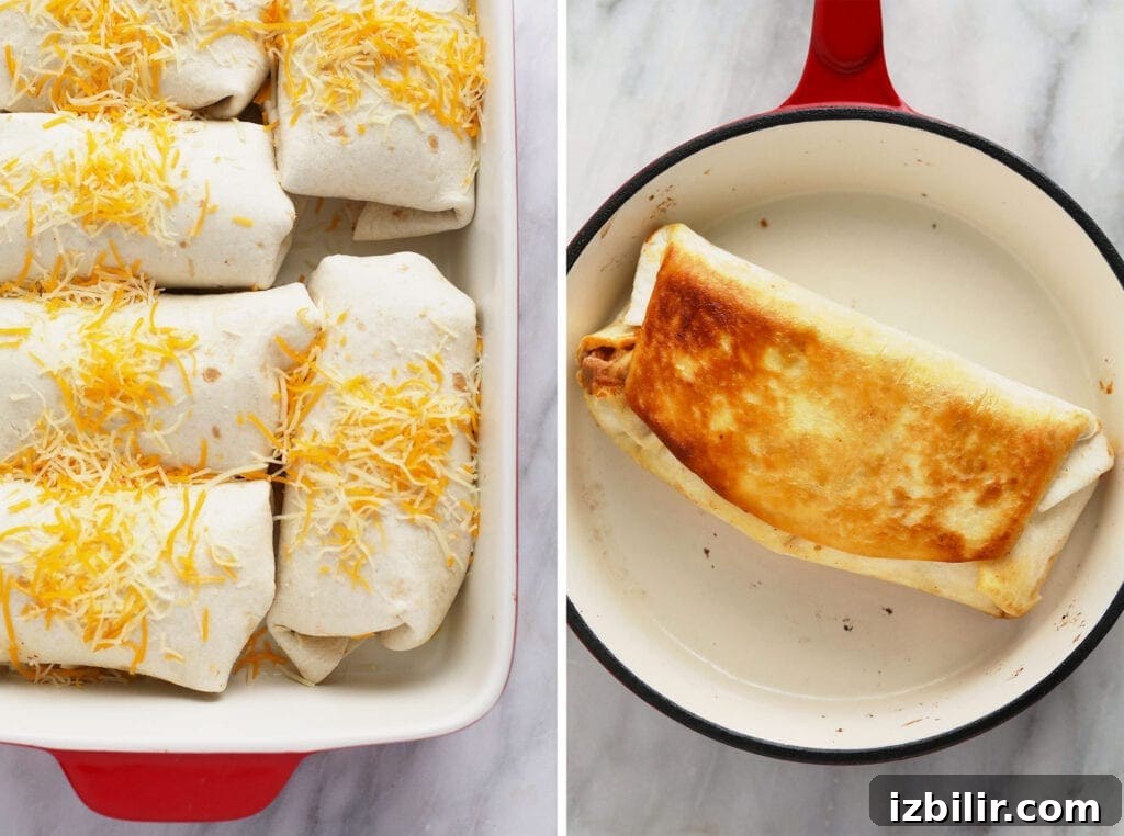Burritos in a casserole dish and a skillet-seared burrito.