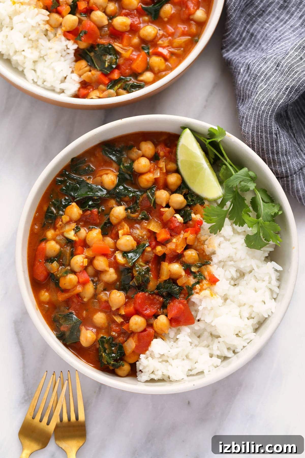 chickpea curry in a bowl with a side of rice