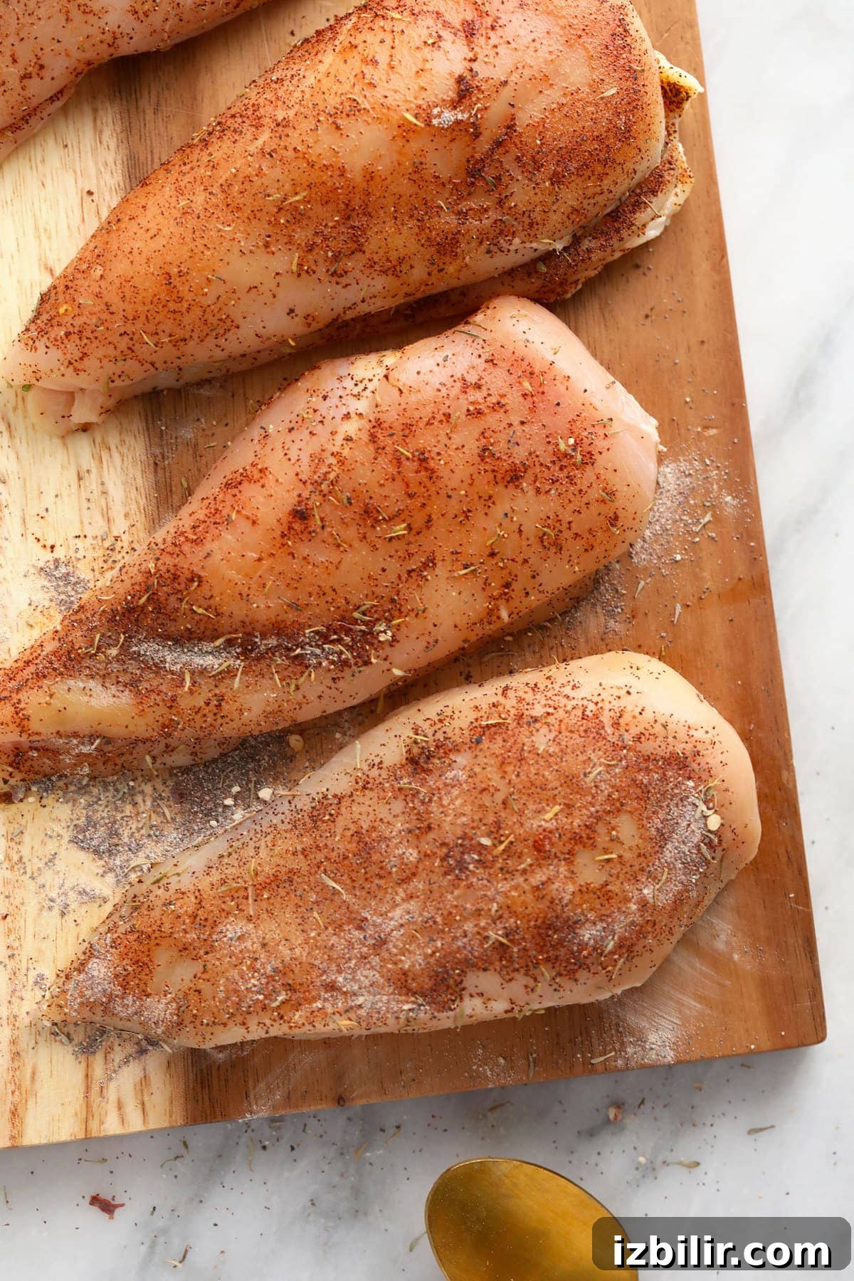 Raw chicken breasts ready to be prepared raw chicken breasts on a cutting board.