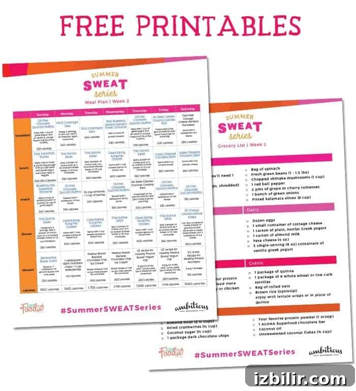 Summer SWEAT Series Week 2: Meal Plan for Energy and Recovery 3 It's week 2 of the Summer SWEAT Series. Download your free, printable meal plan and grocery list filled with nutritious meals, snacks, and even dessert!