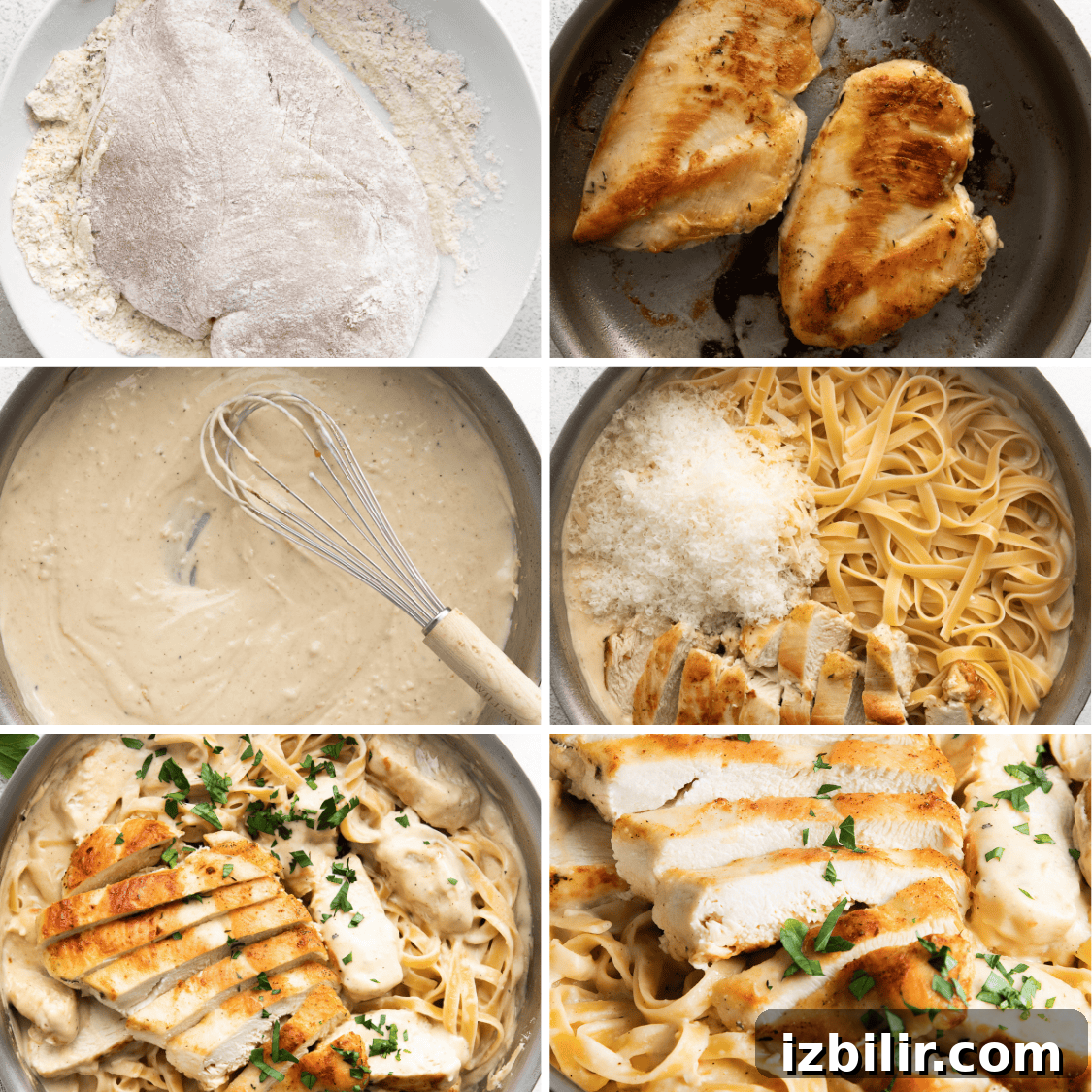 Homemade Creamy Chicken Alfredo 3 A metal whisk rests in a large, stainless steel pan filled with creamy, beige sauce.
