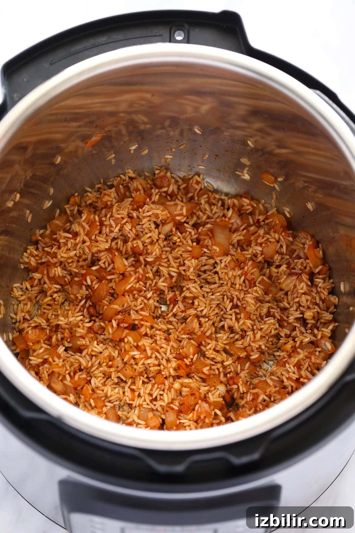 All the ingredients for jambalaya in an Instant Pot.
