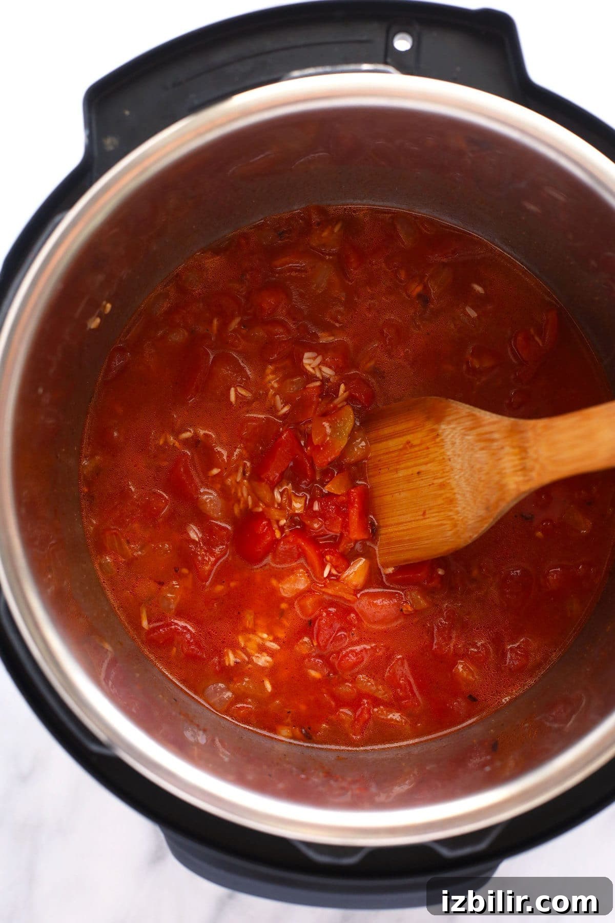 Liquid and other ingredients for Jambalaya in the Instant Pot.