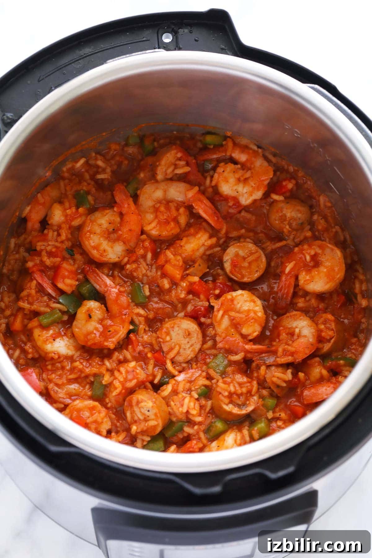 Finished jambalaya in an Instant Pot with shrimp and andouille sausage.