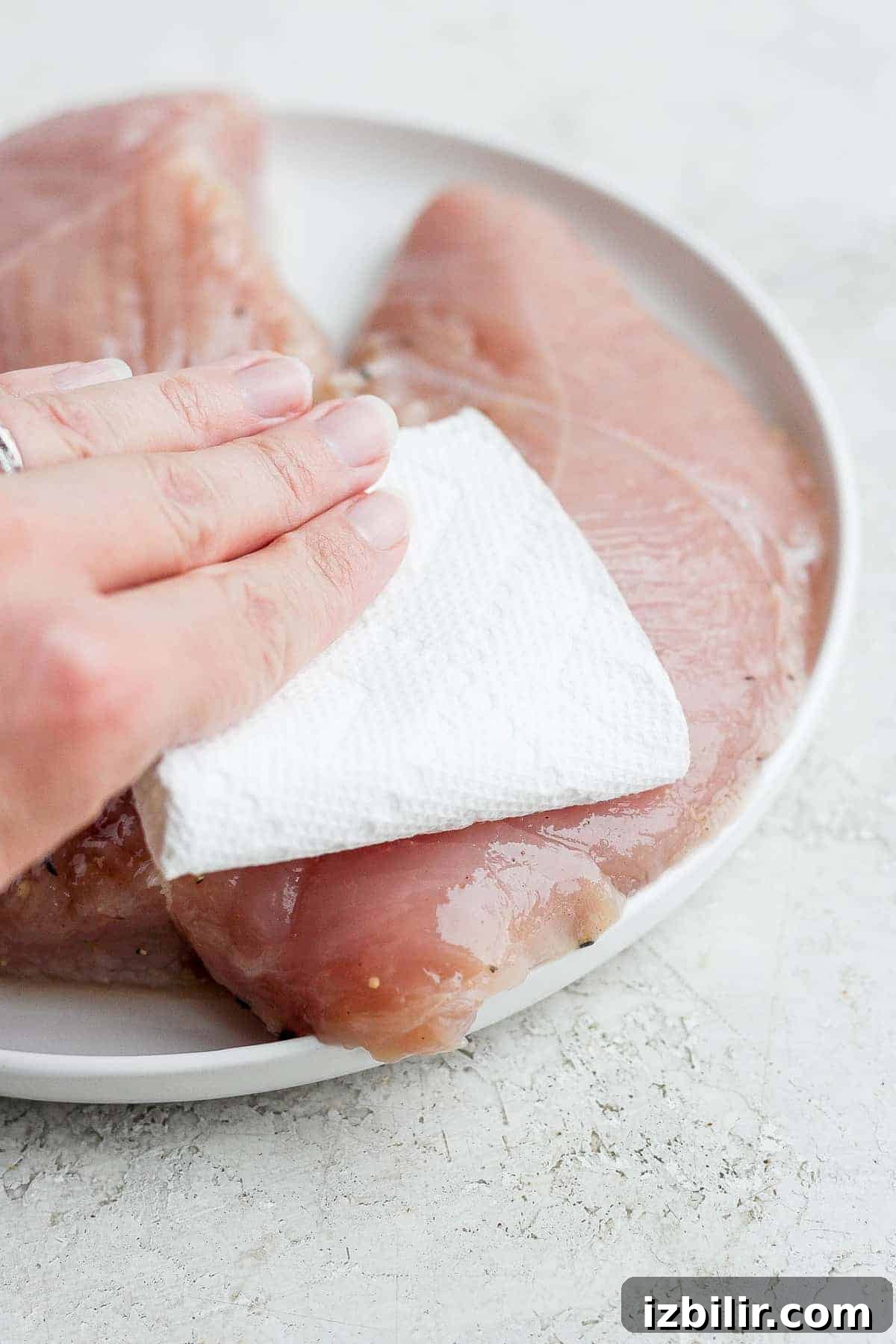 hand patting turkey tenderloin on plate.