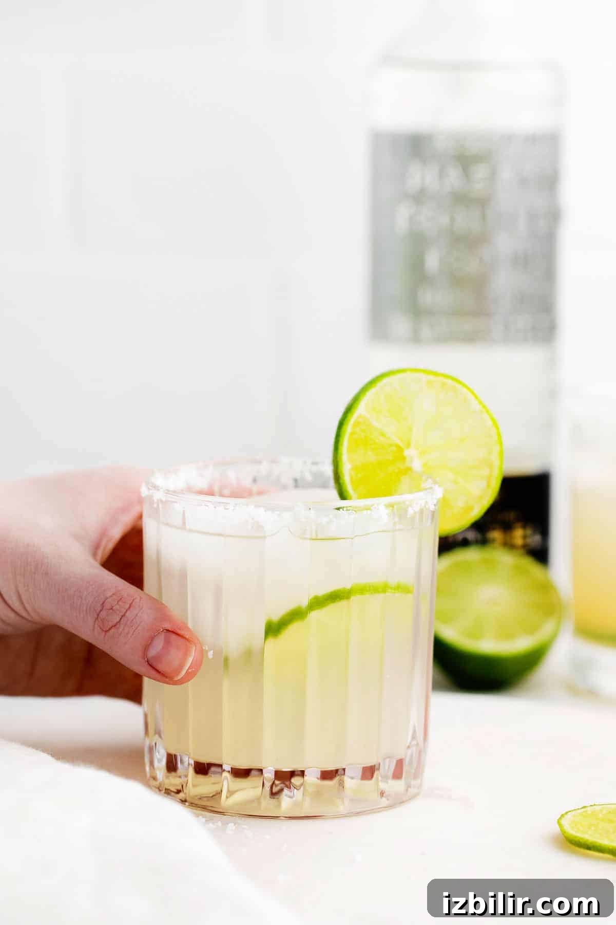 Classic Margarita Recipe: Tangy Lime and Tequila Cocktail 7 A glass of margarita with a fresh lime slices on the glass.