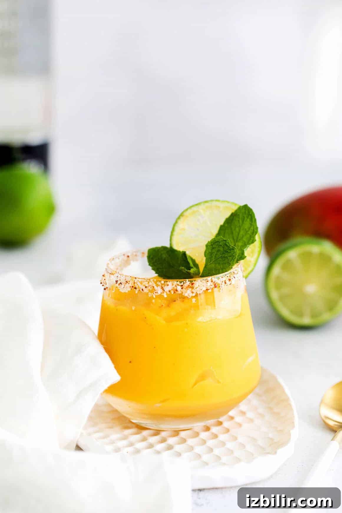 Frozen Mango Margarita Recipe with Tequila 6 mango margarita in glass with mint.