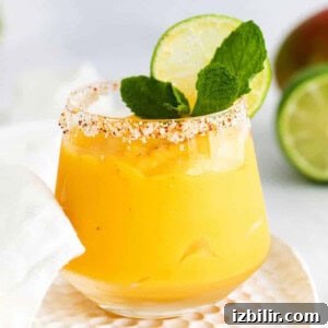 Frozen Mango Margarita Recipe with Tequila 7 mango margarita in glass.