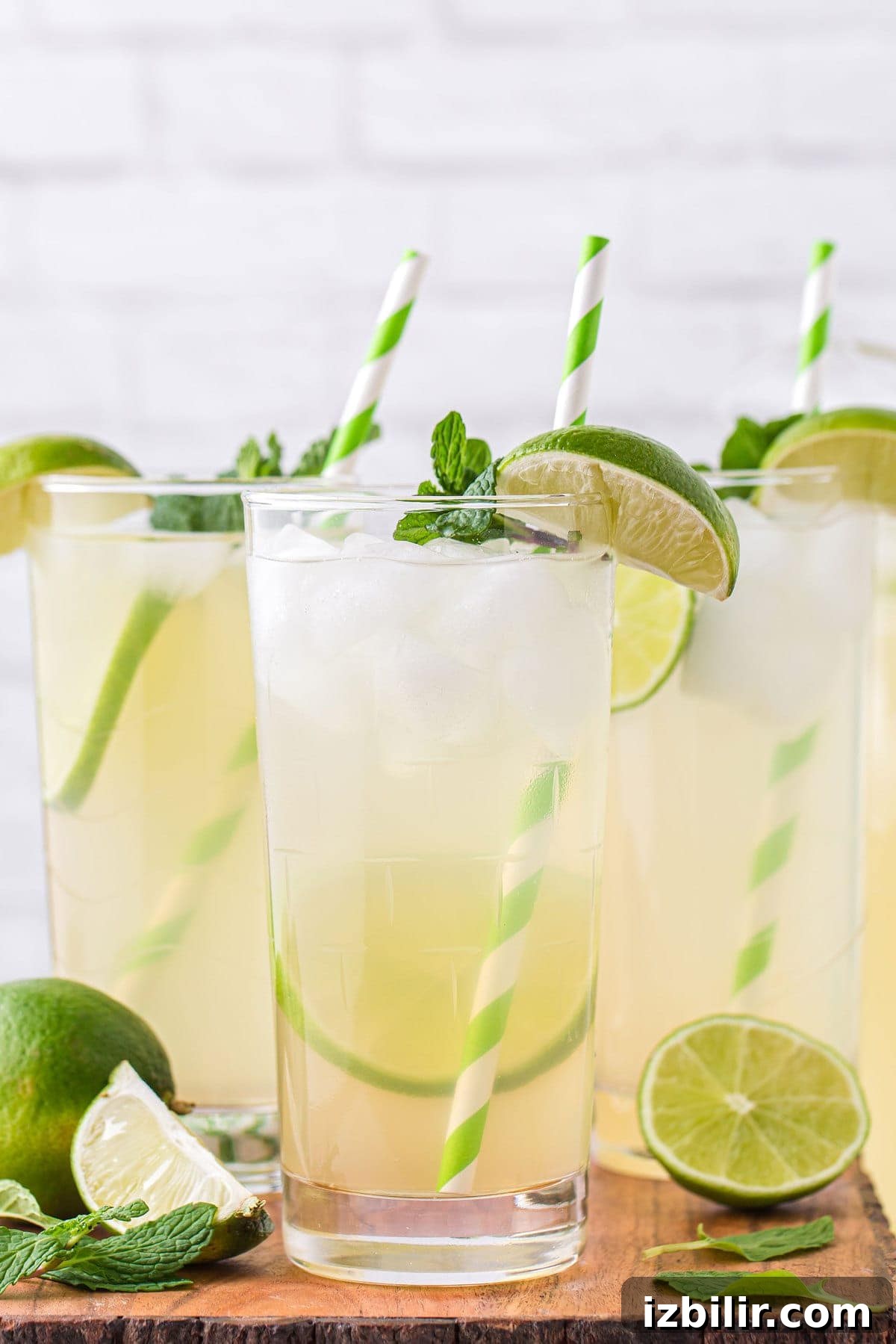 limeade in a glass garnished with a fresh lime slice and fresh mint