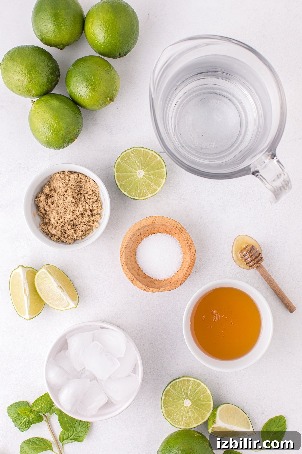 limeade recipe ingredients, ready to be mixed together