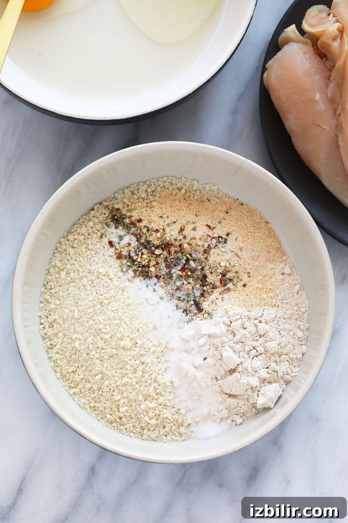 The breading for the chicken tenders.