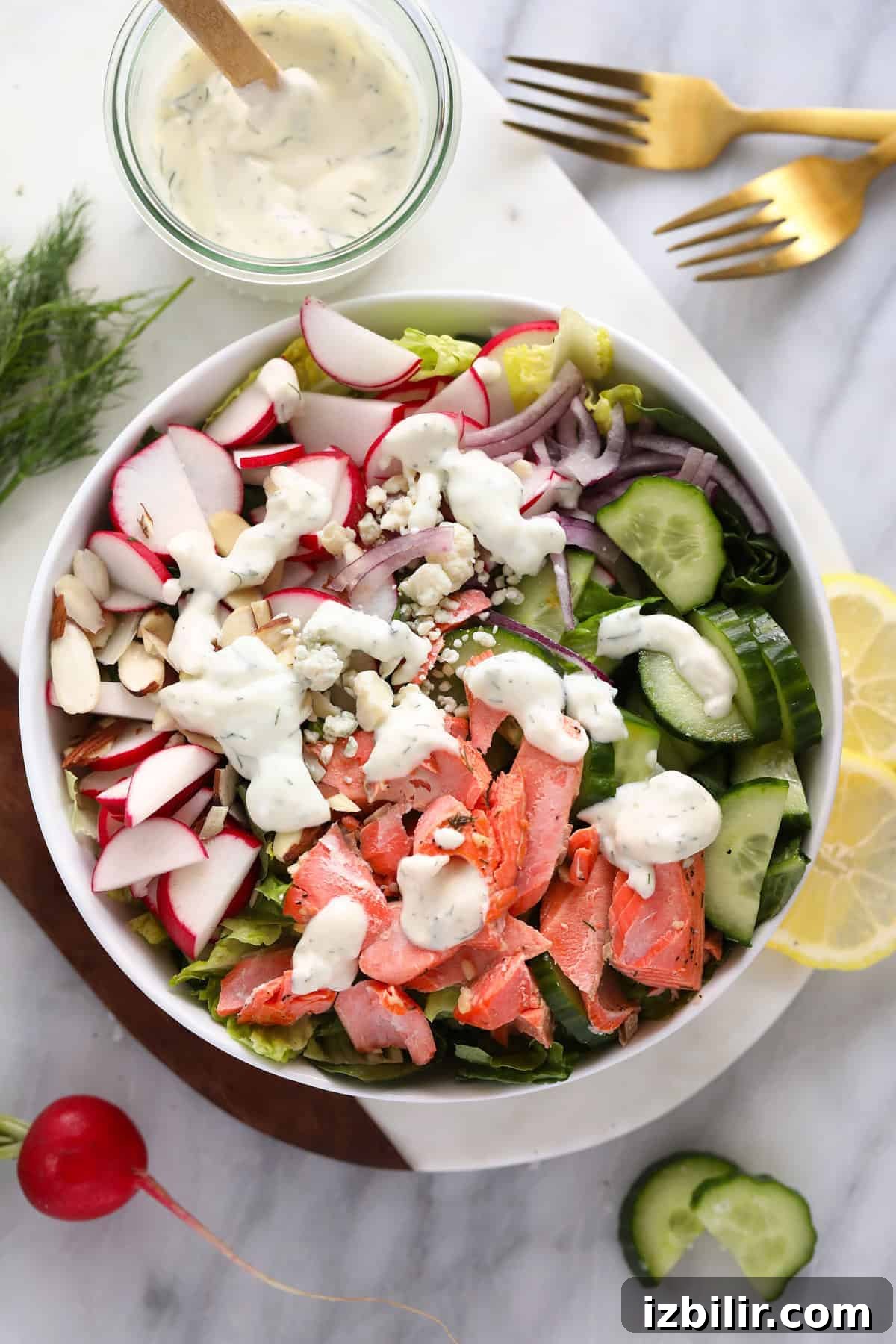 salmon salad in bowl.