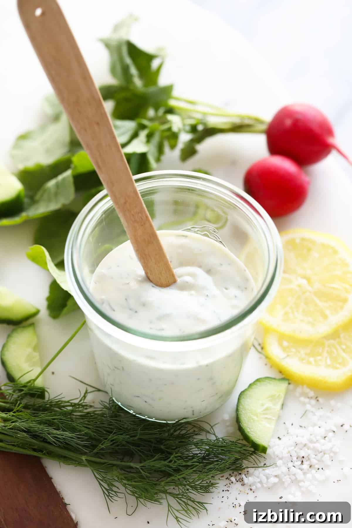 Greek yogurt dressing in jar.