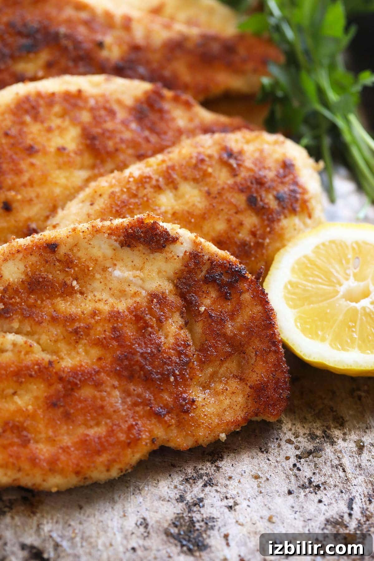 crispy parmesan crusted chicken breast next to lemon wedge