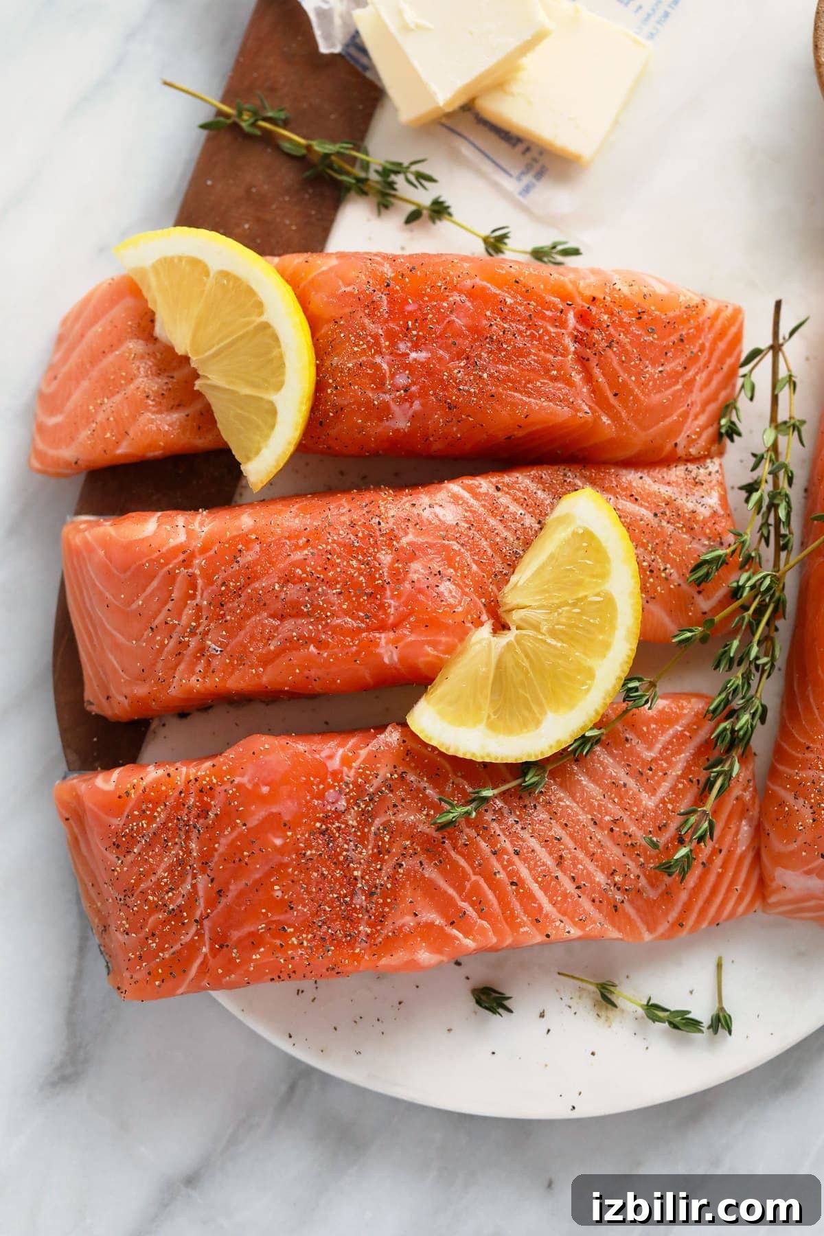 Pan-Seared Salmon Piccata with Lemon Caper Sauce 3 Raw salmon with salt, pepper, fresh lemon, and thyme on a plate.