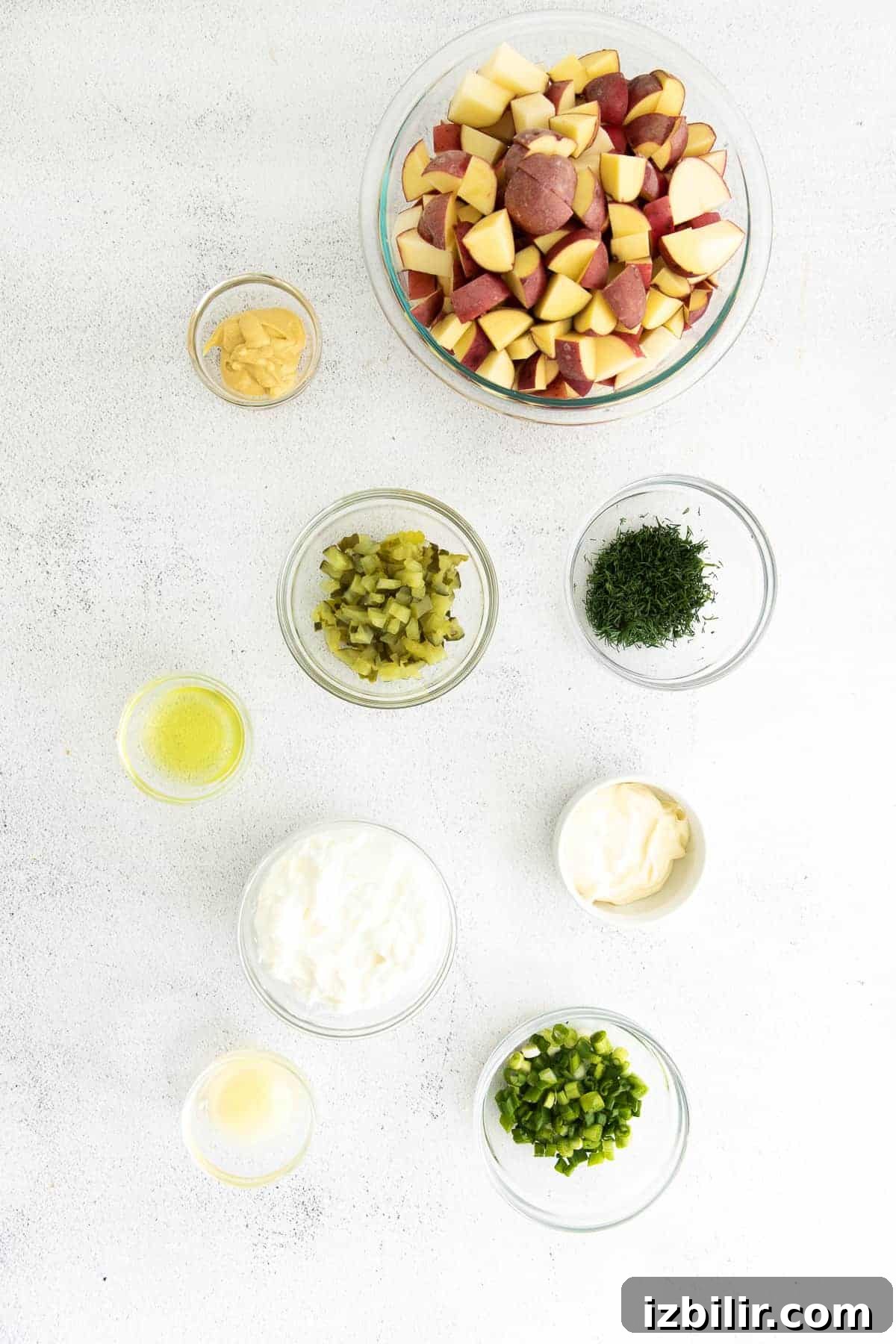 Red Potato Salad Recipe with Creamy Herb Dressing 3 All the ingredients for red potato salad in small bowls.