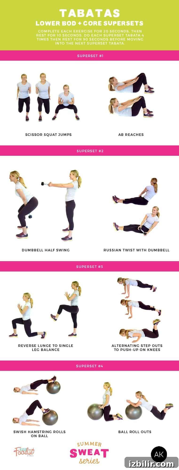 Summer Sweat: Tabata Lower Body and Core Supersets 2 Want a quick yet effective workout? Do tabatas! This workout mixes lower body and core superset exercises and will get your heart pounding!