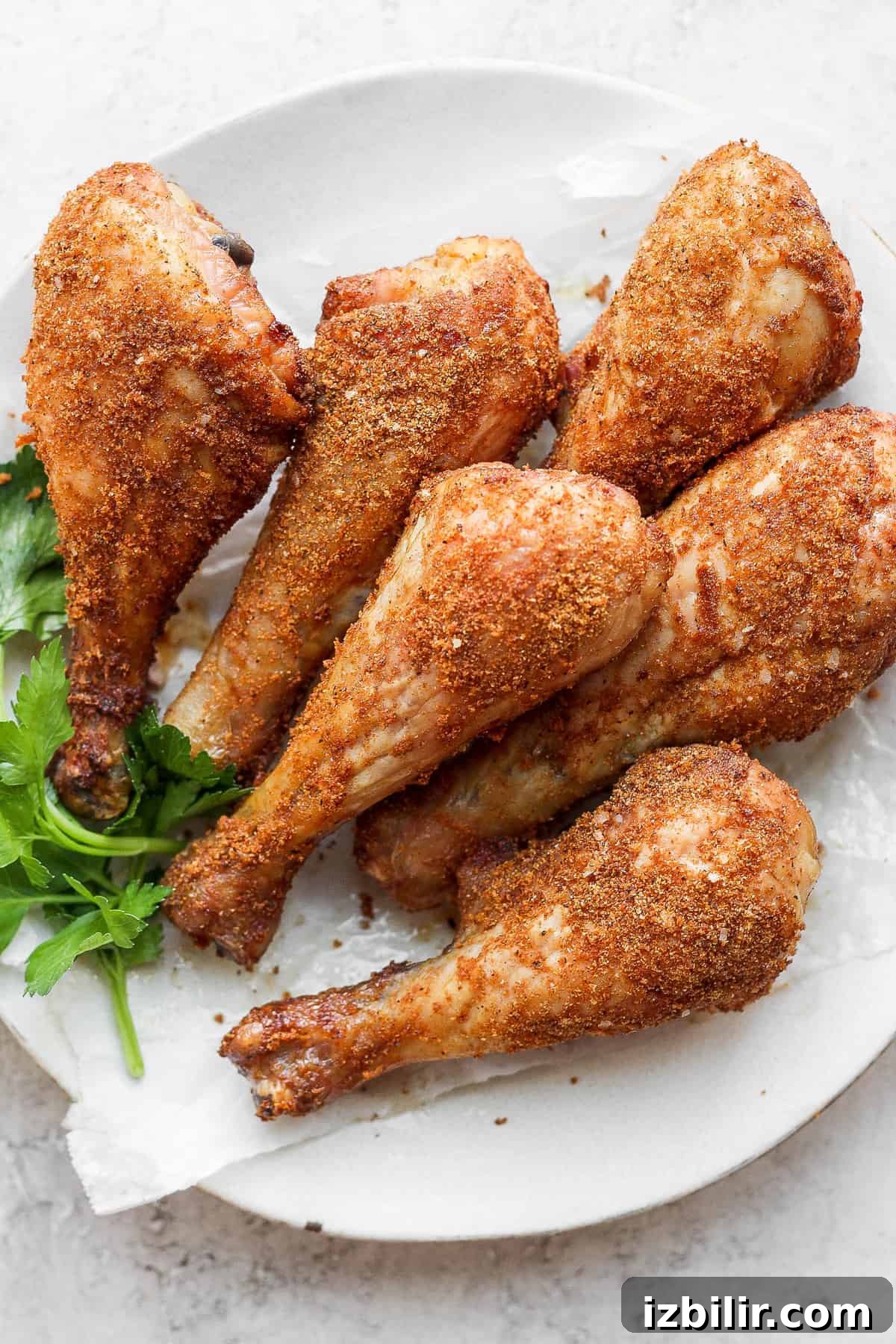 These smoked chicken legs are tender on the inside and crispy on the outside made with a simple dry rub. chicken legs on plate