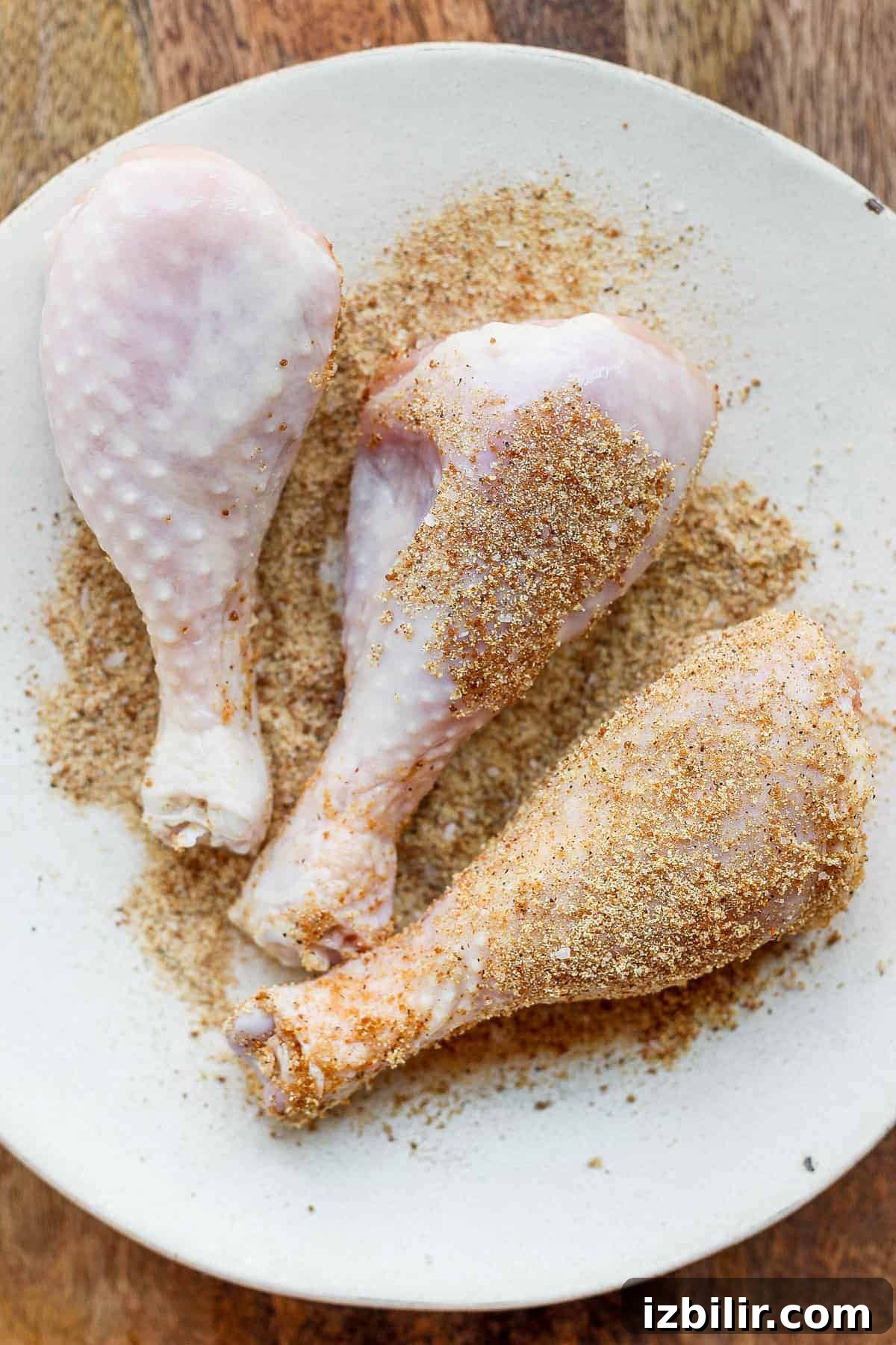 Dry rub applied to chicken legs. dry rub on top of chicken legs