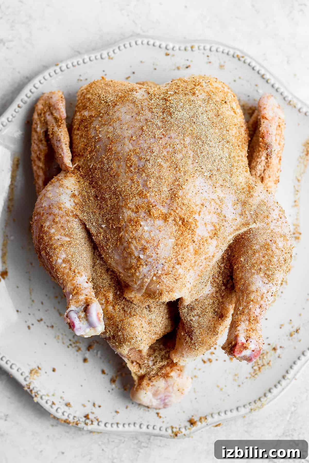 A whole chicken rubbed with smoked chicken dry rub.